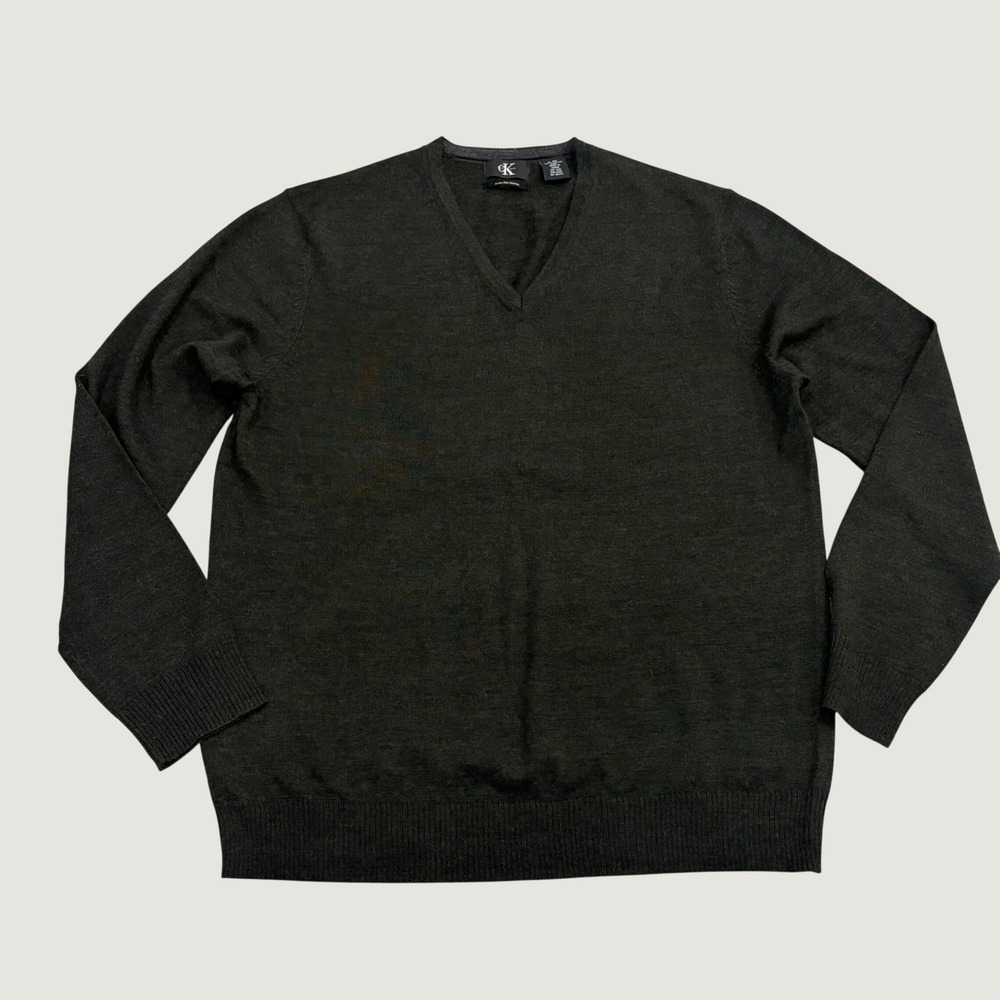 Calvin Klein 100% Merino Wool V Neck Sweater Men's Large Quiet Luxury Dark Green